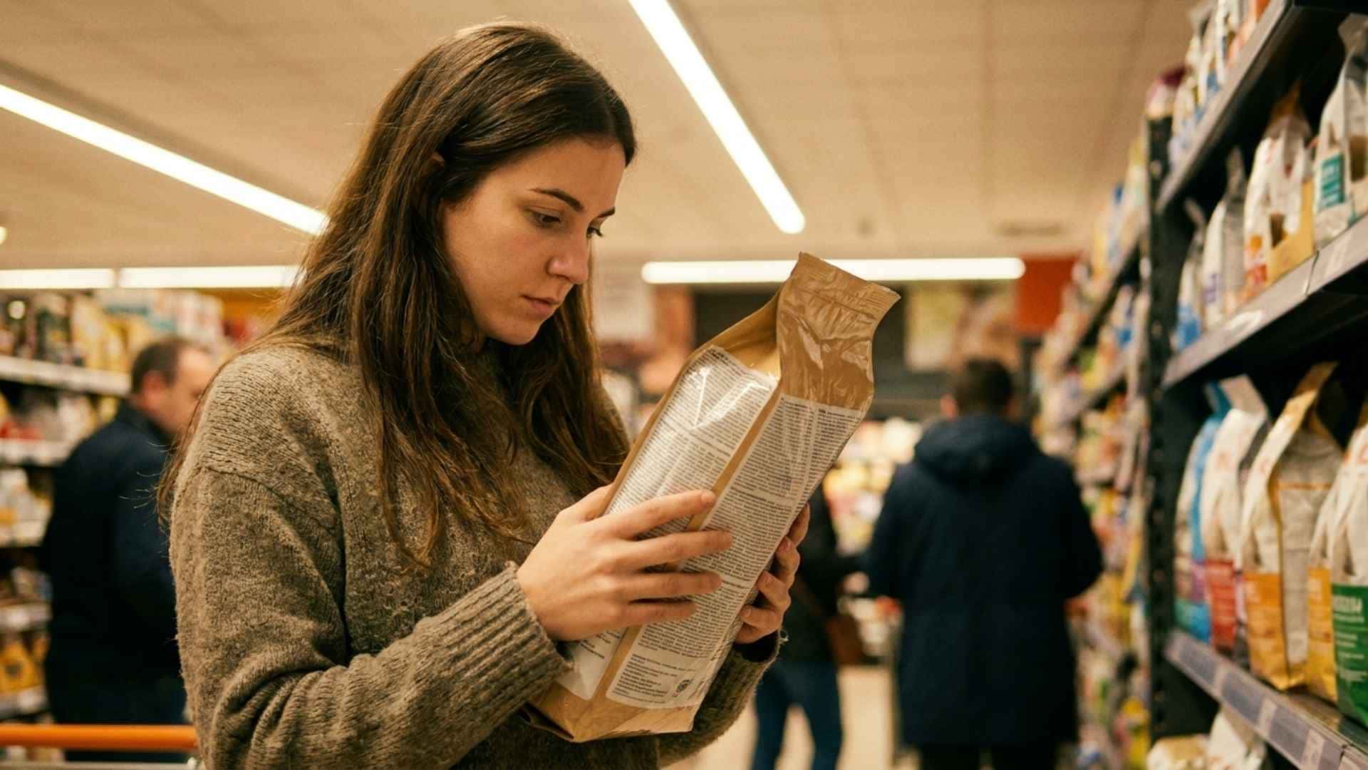 mujer mirando el etiquetado de una bolsa de pienso para gatos